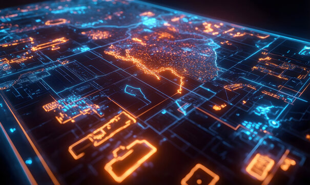Digital Transformation and Global Data Technology: Futuristic Circuit Board with Glowing Map Overlay, Illustrating Network and Big Data