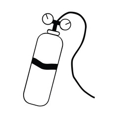 Illustration of a white oxygen tank with black stripe and gauges connected by a black hose