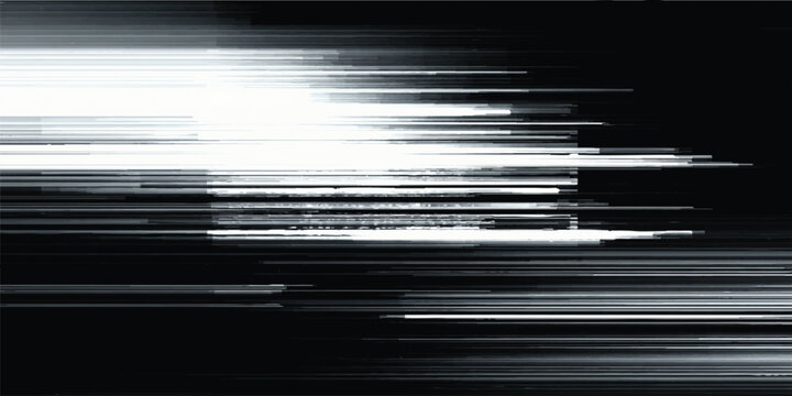 abstract digital light glitch background with horizontal lines and motion blur effect in black and white tones.