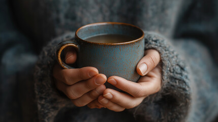 Close-up of hands holding tea mug