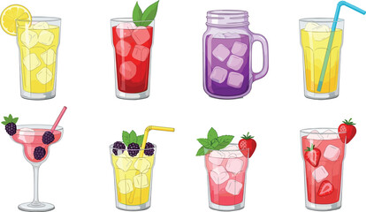 Colorful drinks, fruit garnish, iced beverages, cocktail glasses, summer refreshment, cartoon style, berry drinks, lemon slice, drink variety, beverage illustration © Creative Mind