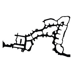 A black and white abstract map layout of a building complex with connecting structures and open spaces