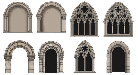 Stone gothic arches and windows in grey tones on a white background eight architectural elements in total