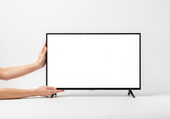 Person holding a blank flat screen tv isolated on white background