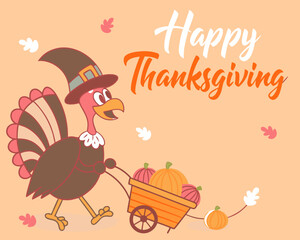 Cartoon Turkey with Pumpkins and Happy Thanksgiving Greeting on a Peach Background