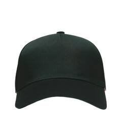 A Front View of a Minimalistic Black Cap Set Against a Dark Background, Showcasing Its Seamless Design and Texture isolated on transparent background