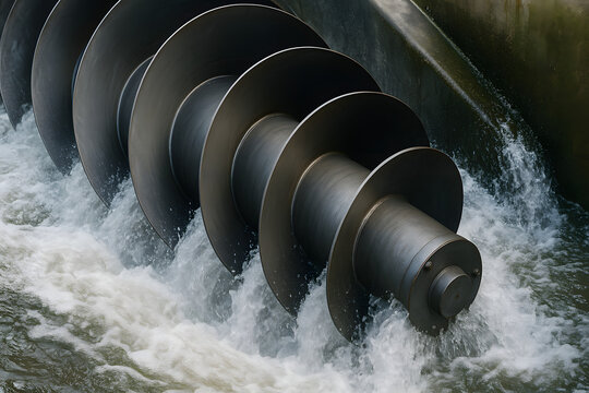 Close up Archimedes screw turbine generating power from flowing water, renewable energy engineering concept, hydropower technology machinery design, sustainable electricity production system backgroun