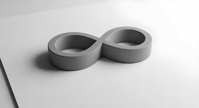 3D rendered gray mobius strip or infinity symbol (lemniscate) resting on a clean white background, representing eternity, boundless math, infinite potential, and abstract concept design