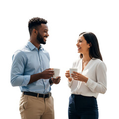 Two colleagues are standing drinking coffee and discussing work