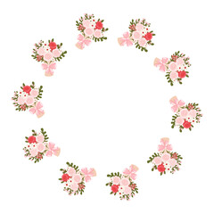 Vector round frame made of floral bouquets with pink and red flowers tied with ribbons, with space for text, perfect for wedding invitations, cards, posters, packaging, branding and decor