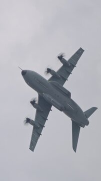 A400 M ATLAS military transport plane during flight with sharp turns