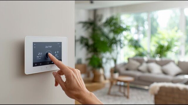 Woman touches smart home control panel to manage house temperature, modern apartment automation system footage.