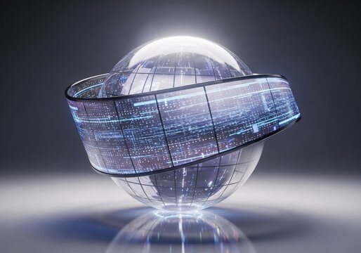 Futuristic digital globe with transparent layers and glowing light effects