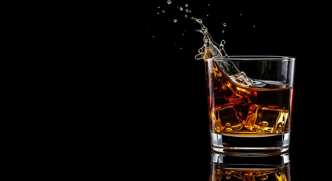 The moment of splash as ice is dropped from a frosted whiskey glass against a black background. Beverage and celebration concept. - Powered by Adobe