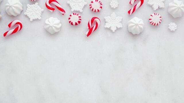 Red and white Christmas sweets top border. Above view, stop motion loop video on a white marble background with copy space. Peppermint, candy cane, snowflake candies.