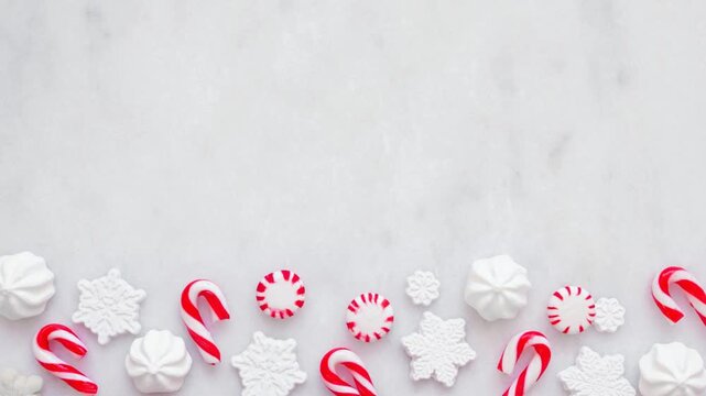 Red and white Christmas sweets bottom border. Top view, stop motion loop video on a white marble background with copy space. Peppermint, candy cane, snowflake candies.