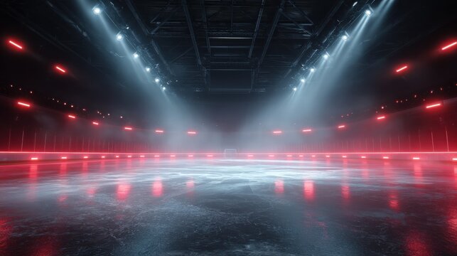 red neon lights illuminate an ice rink arena smoke fills the space impressive spotlights shine on the ice pro hockey competition atmosphere suitable for a winter sports poster or advertisement