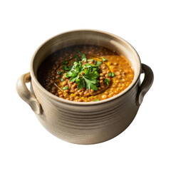 A rustic bowl filled with lentil soup garnished with fresh parsley on a transparent background