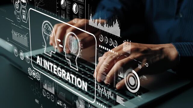 Professional Hands Typing on Keyboard with Artificial Intelligence Integration Concept and Data Visualization Elements. Asymptotic smart data analytic.