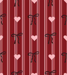 Pink hearts and black bows on threads, cute seamless romantic pattern, seamless ribbon background for wrapping paper, fabric, posters, banners, cards. Valentine's Day concept.