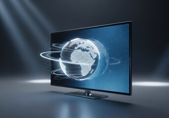 Futuristic digital globe displayed on a modern television screen with network lines