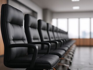 A row of elegant black office chairs arranged neatly in a modern conference room, featuring large windows and a sleek design.