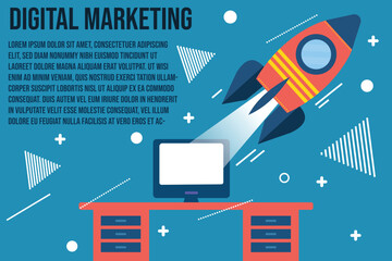 Flat vector illustration of a rocket launching from a computer screen,representing digital marketing,business growth,and online promotion.Modern design with bright colors and abstract elements.