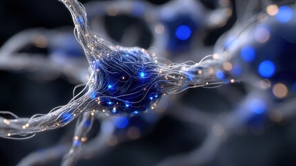 Futuristic Neural Connection Macro with Glowing Blue Energy and Organic Texture.