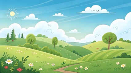 Fototapeta premium Sunny Cartoon Hillside Background