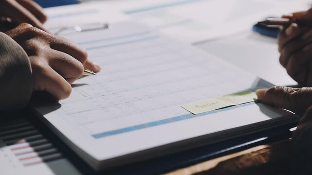 Two businessmen talking in a board room about joint business and summarize the company's profits with a graph showing successful performance. A colleague reviewed the results of the quarterly report.