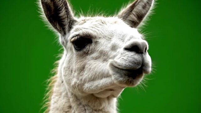 Close-up of a llamas face against a green background