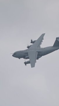 A400 M ATLAS military transport plane during flight with sharp turns