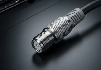 Closeup of a coaxial cable connector with metallic and threaded design