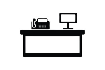 Black and white shows a terminal, monitor, and payment device on counter