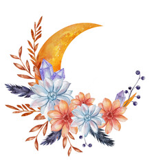 Watercolor illustration of golden crescent moon decorated with blue and orange flowers, crystals, and leaves. Boho celestial composition, hand drawn, isolated on white background.