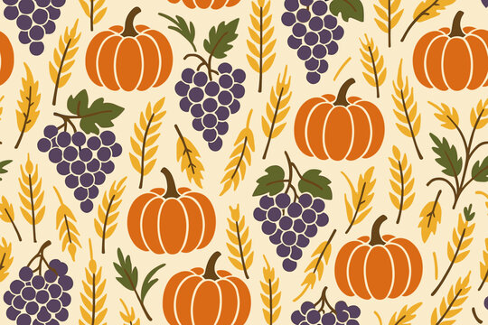 Seamless autumn harvest pattern with pumpkins, grapes, and wheat