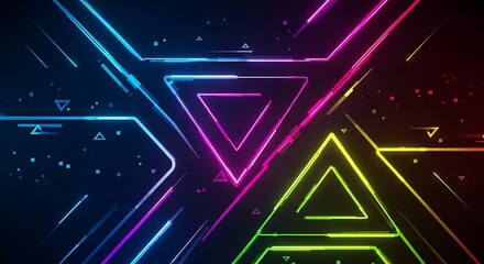 Obraz premium Abstract neon triangle shapes on dark background, futuristic and geometric design generative ai