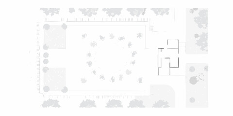 Architectural top down view of a modern house with a circular garden and trees