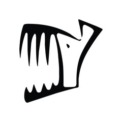 A stylized black and white drawing of a creature with sharp teeth and an angular head shape on white