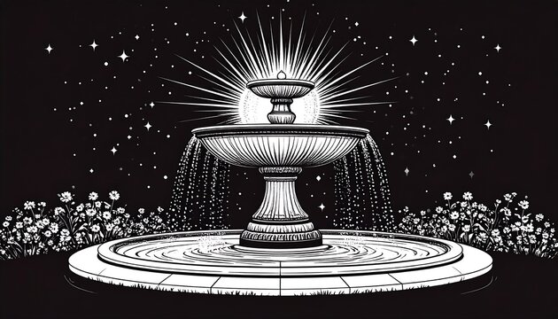 Black & white illustration of a tiered fountain with cascading water, under a radiant sun & starry night sky, flowers below