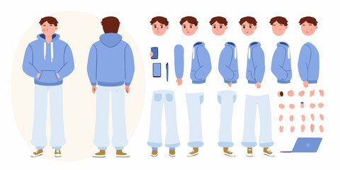 Character creation kit for a young man with a blue hoodie and light pants showing different poses and expressions
