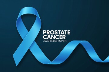 Prostate Cancer Awareness Month banner featuring a realistic blue ribbon symbol on a dark background, ideal for medical organizations, men's health promotion, and charity support campaigns