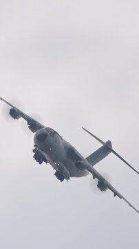 A400 M ATLAS military transport plane during flight with sharp turns