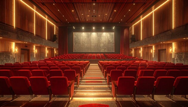 Luxurious empty movie theater interior with rows of plush red seats and a large screen illuminated by warm, atmospheric lighting