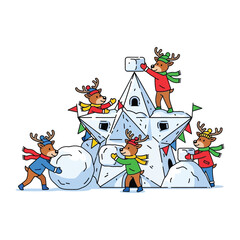 Cute reindeer friends construct snow fort star shape structure during winter holiday season
