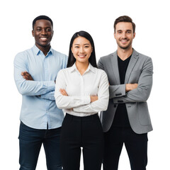 Three diverse professionals standing confidently together with arms crossed smiling brightly isolated on transparent background