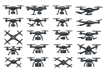 Collection of modern drone designs with cameras and cargo