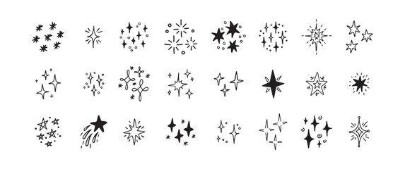 Star Shine Sparkle Hand Drawn Doodle set. Glitter Icon