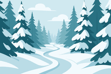 Snow-covered forest path winding through winter pine trees