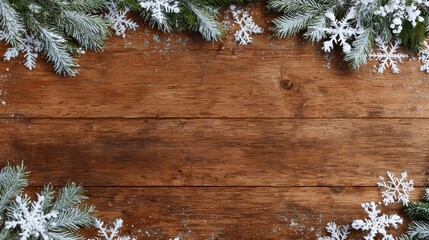empty wooden table top with frame made of snowflakes and fir tree branches background for design for winter holidays christmas and new year top view flat lay with copy space